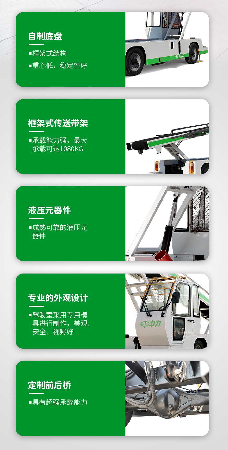 Xe băng chuyền sân bay ZL-CBD80, phục vụ chuyền tải hành lý khách hàng trong cảng hàng không, sức tải lớn 135 kg/m. Xe chạy điện ắc quy xít chì hoặc Lithium-ion tùy chọn